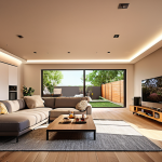 ** A modern family home showcasing energy-efficient upgrades. LED lighting illuminates a comfortable living room with a smart thermostat on the wall. Solar panels are visible on the roof. Focus on warm lighting and a sense of eco-conscious living.

**