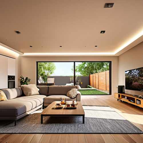 ** A modern family home showcasing energy-efficient upgrades. LED lighting illuminates a comfortable living room with a smart thermostat on the wall. Solar panels are visible on the roof. Focus on warm lighting and a sense of eco-conscious living.

**