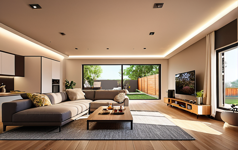 ** A modern family home showcasing energy-efficient upgrades. LED lighting illuminates a comfortable living room with a smart thermostat on the wall. Solar panels are visible on the roof. Focus on warm lighting and a sense of eco-conscious living.

**