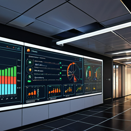 **

Prompt: A modern smart building with visible data streams flowing through it, representing RPA's automated energy monitoring and analysis. Show dashboards displaying energy consumption metrics and predictive analysis graphs. Highlight areas where energy is being saved, such as dimmed lights in unoccupied rooms.

**