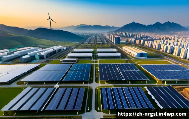 스마트 도시 건설을 위한 에너지 관리 전략 - Photorealistic aerial view of a modern smart city at sunrise, solar-panel rooftops, wind turbines on...